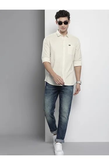 Men Cream Regular Fit Solid Shirt