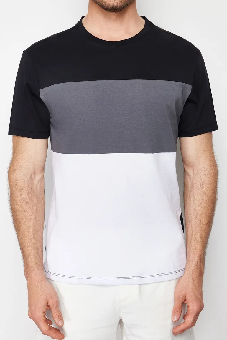 Men's Black Regular/Normal Fit Color Block 100% Cotton T-Shirt - 4