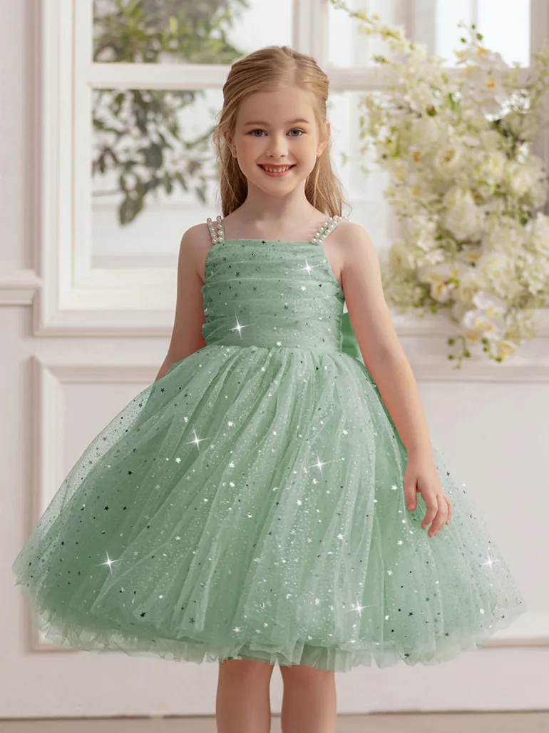 Girls Green Embellished Strappy Mesh Midi Dress - 6