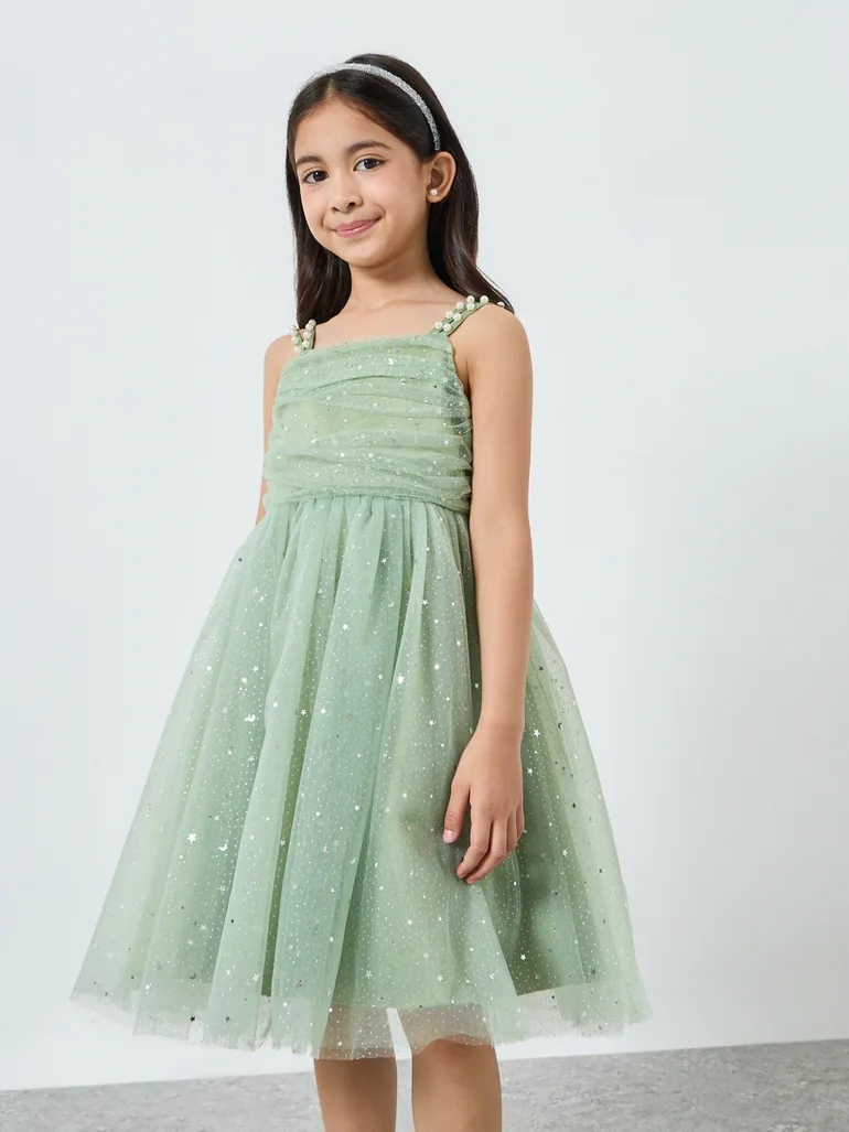 Girls Green Embellished Strappy Mesh Midi Dress - 1