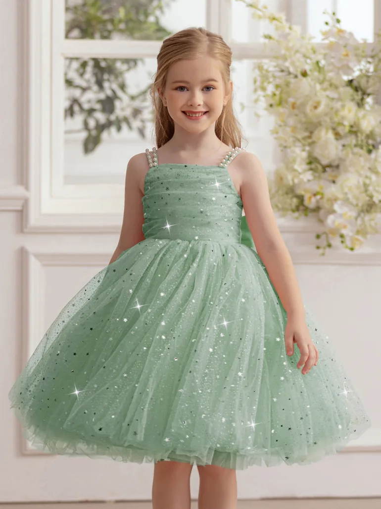 Girls Green Embellished Strappy Mesh Midi Dress - 4