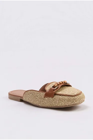 Beige Beaded Detailed Straw Women's Slippers