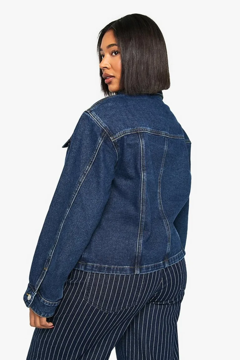 Plus Shoulder Pad Detail Denim Jacket - indigo - 2
