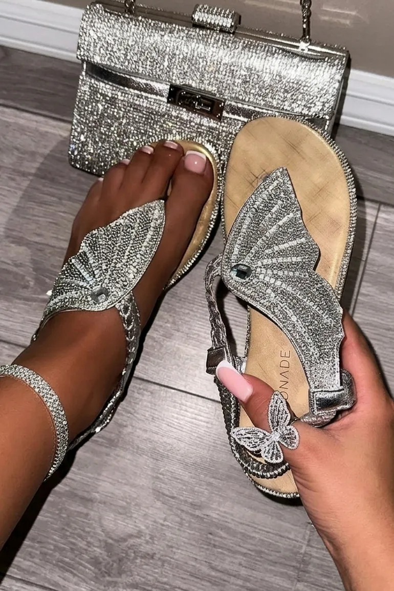 Lemonade Crystal Couture Butterfly Sandals Silver - 9