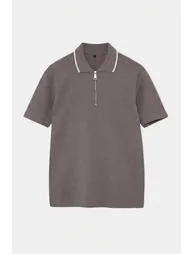 Mink Off-Shoulder Regular Fit Collar Line Detail Textured Short Sleeve Polo Neck T-Shirt - 3