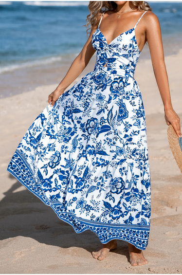 Lvness Sky Blue Twisted Bust Spaghetti Straps Backless Floral Maxi Dress product thumbnail 3