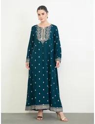 Navy Blue Border Print Long Sleeve Jalabiya