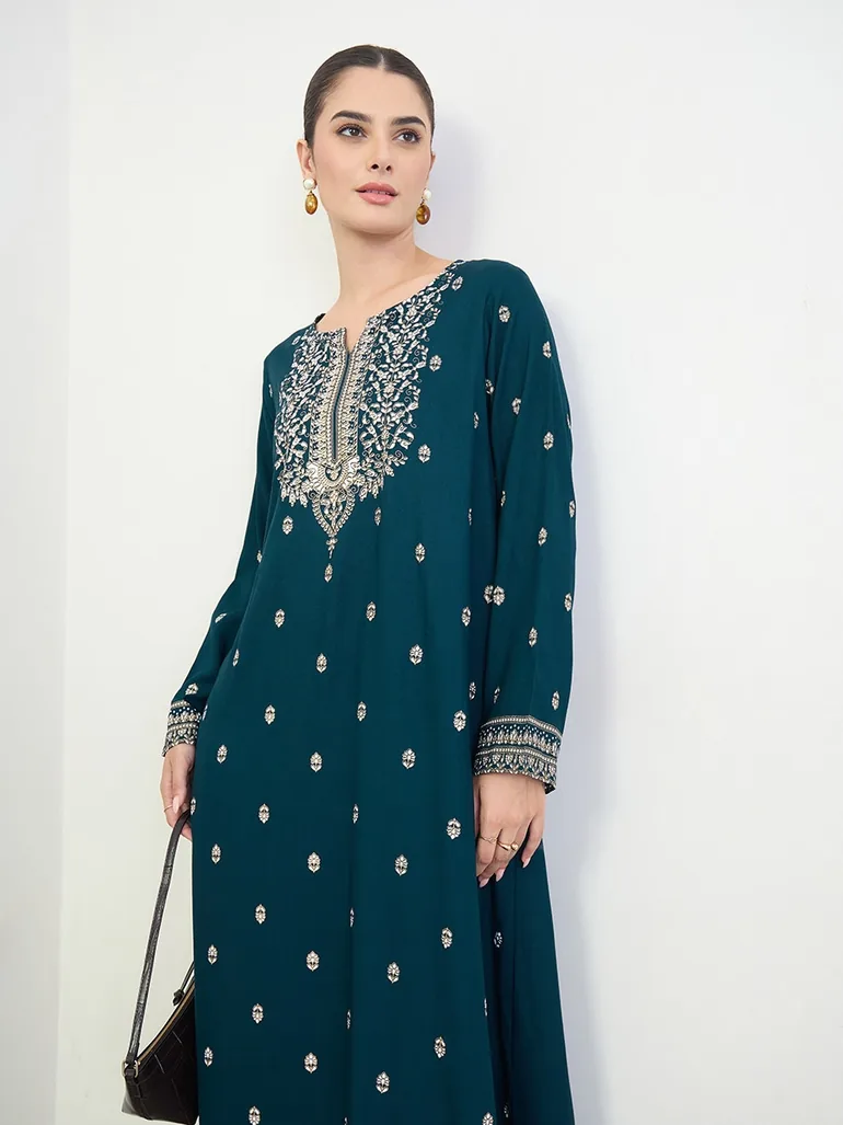 Navy Blue Border Print Long Sleeve Jalabiya - 1