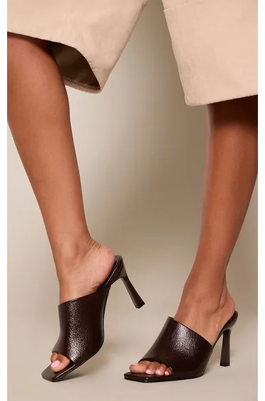 Chocolate Crinkle Faux Leather High Vamp Heeled Mules