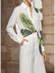 Long Sleeves Buttoned Leaves Print Lapel Blouses&Shirts Tops - 1