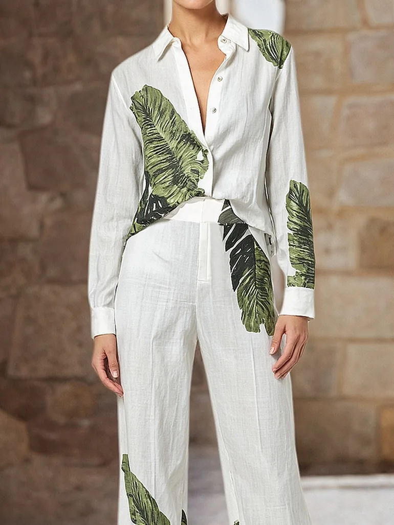 Long Sleeves Buttoned Leaves Print Lapel Blouses&Shirts Tops - 3