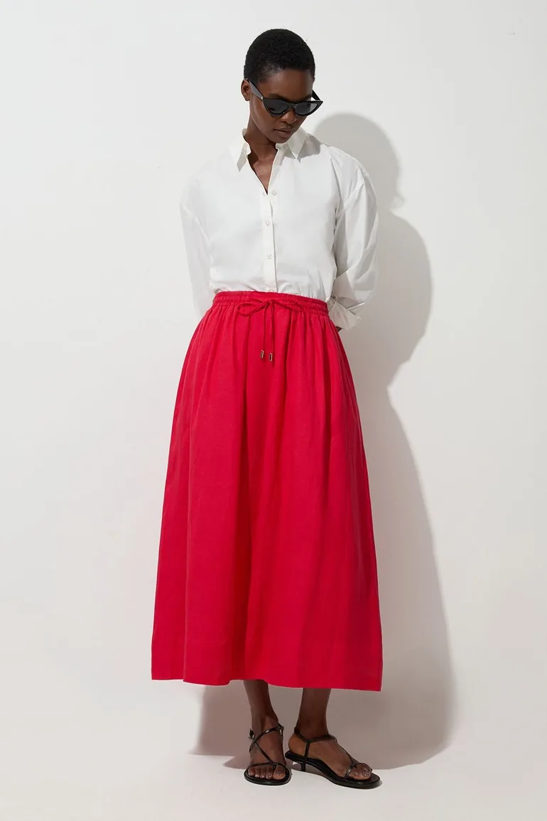 Viscose Linen Tie Waist Woven Full Skirt
