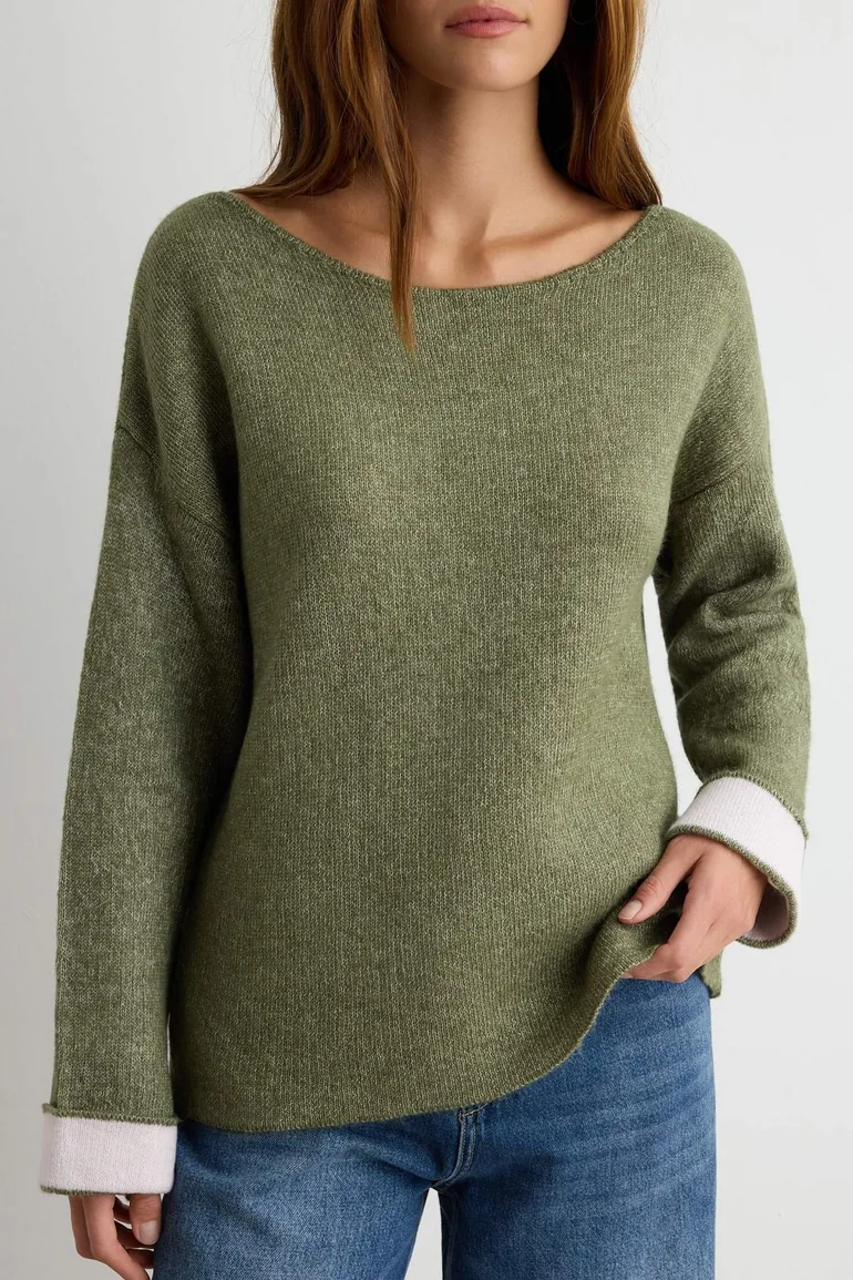 Green Soft Textured Color Block Boat Neck Oversize Knitwear Sweater - 2