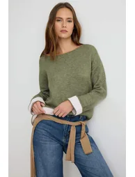 Green Soft Textured Color Block Boat Neck Oversize Knitwear Sweater - 1