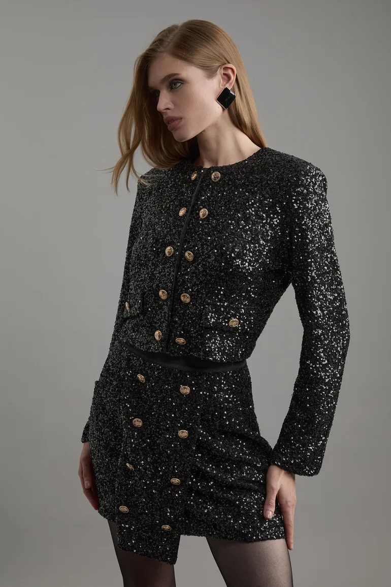 Sequin Tailored Wrap Over Mini Skirt