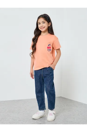 Girls Peach Cherry Graphic Cotton T-Shirt