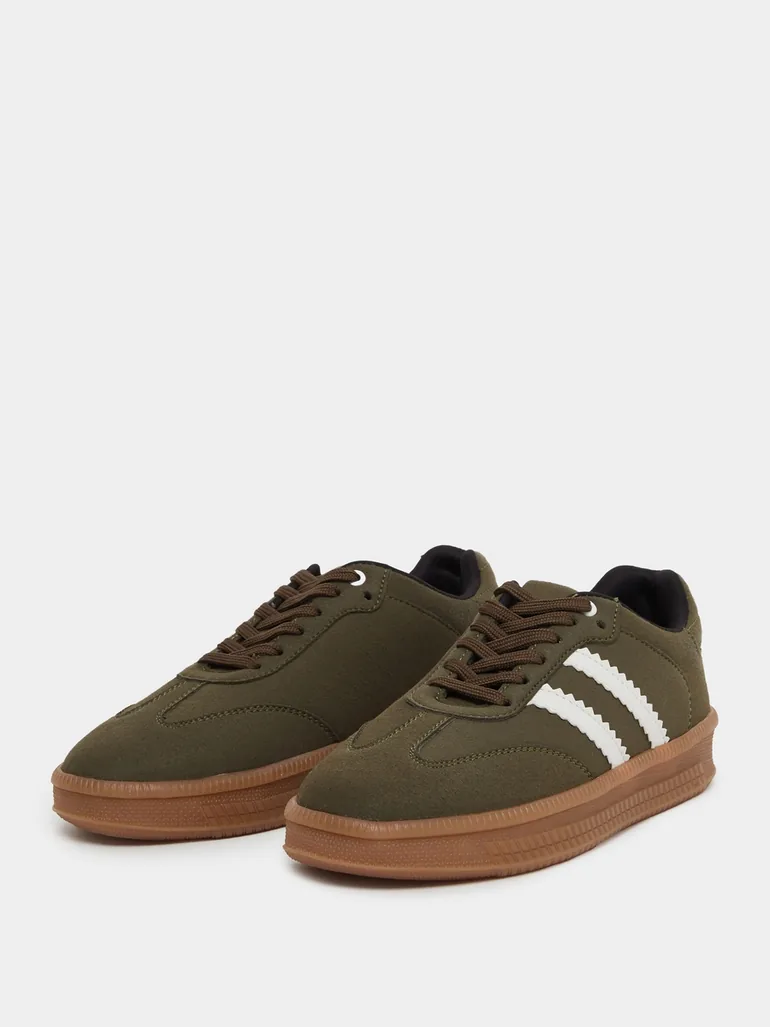 Brown Striped Lace Up Sneakers - 2
