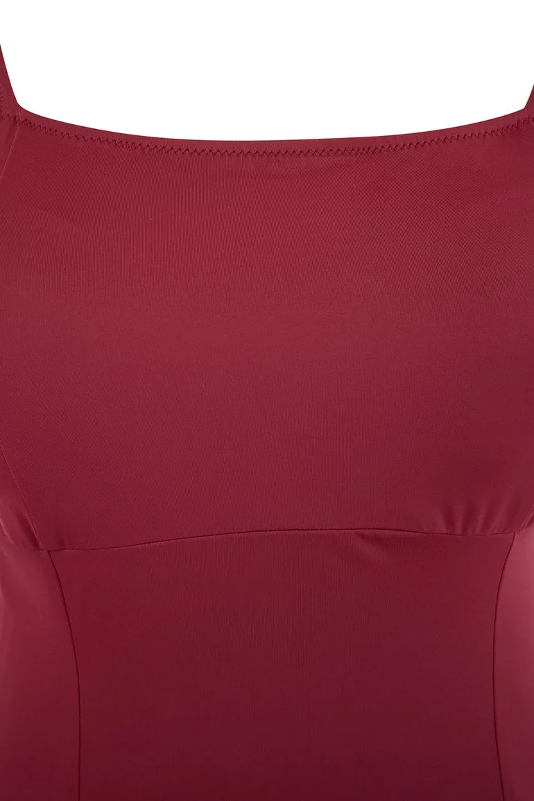 Burgundy Square Neck Skirted Plus Size Swimwear - 6