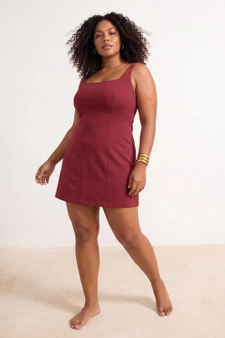Burgundy Square Neck Skirted Plus Size Swimwear