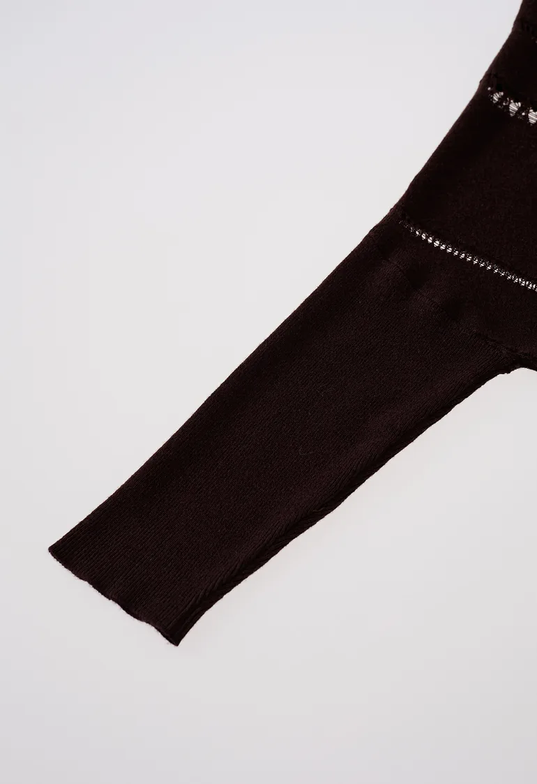 Ladder‑Stitch Asymmetrical Hem Knit Sweater in Chocolate Brown for Casual Gatherings & City Walks - 5