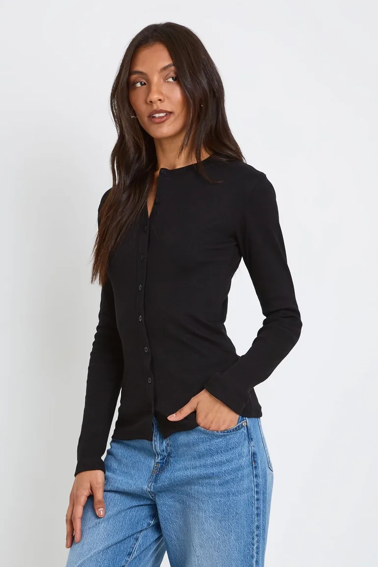 Tall Rib Button Through Long Sleeve Top - black - 1