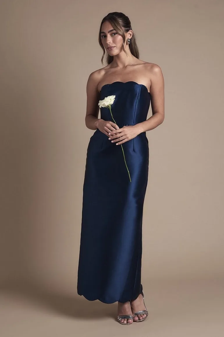 Scallop Detail Twill Column Dress