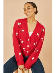 Yumi Red Hand Embroidered Chunky Knitted Cardigan - 1