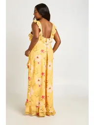Plus Floral V Neck Chiffon Ruffle Maxi Dress - yellow - 1