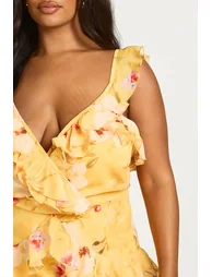 Plus Floral V Neck Chiffon Ruffle Maxi Dress - yellow - 3