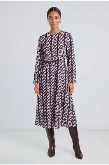 Geo Printed Keyhole Front Tie Waist Midi Dress