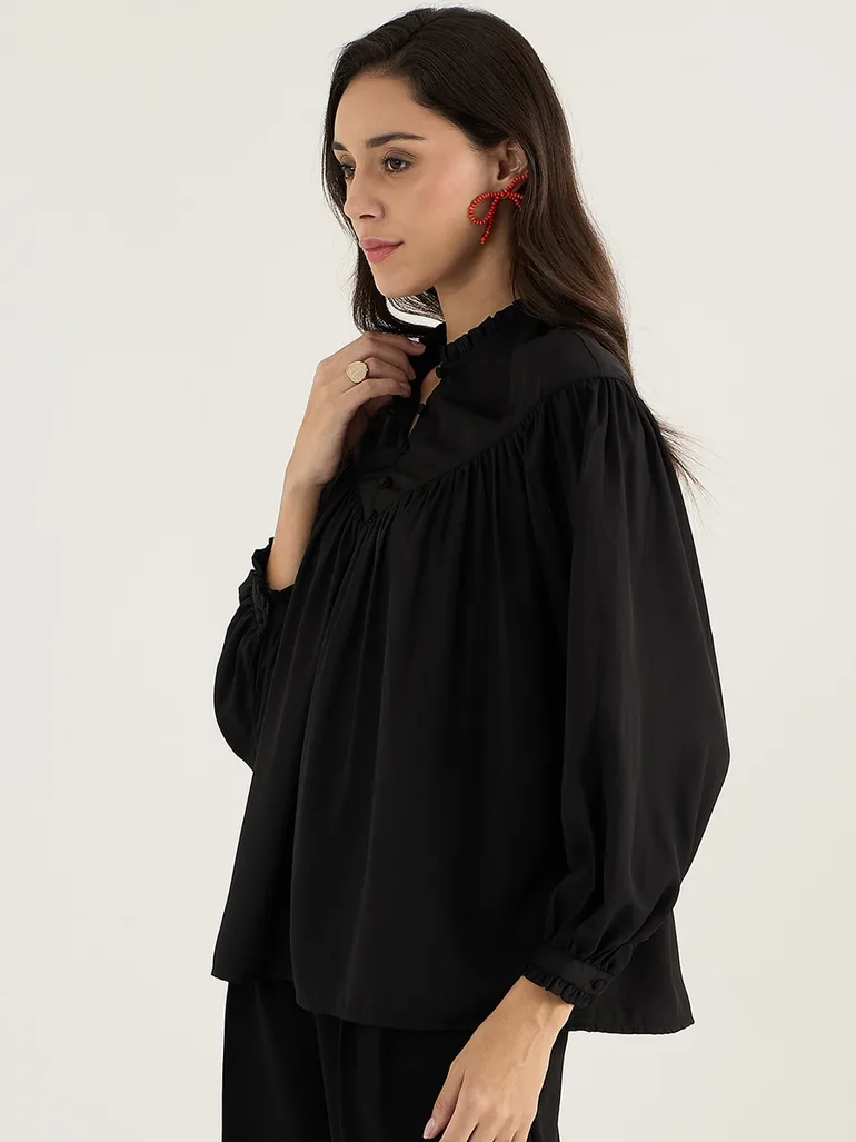 Solid Balloon Sleeve Pleated Top with Button Detail - 4
