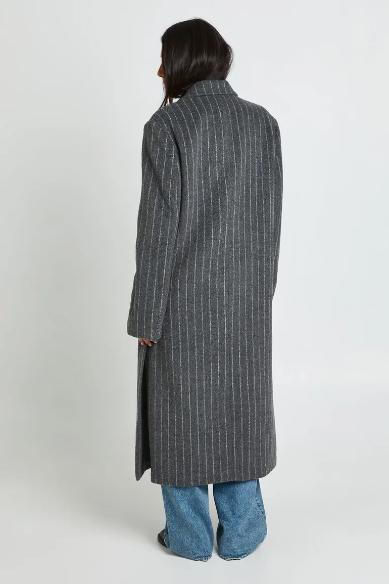 Tall Pinstripe Double Breasted Wool Look Coat - grey - 2