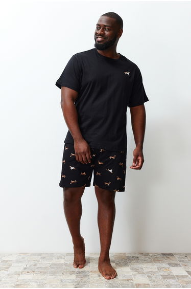 Black Printed Plus Size Knitted Shorts Pajamas Set product thumbnail 2
