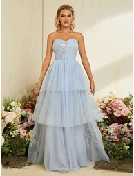 Leely Light Blue Strapless Sequin & Tulle Tiered Prom Dress