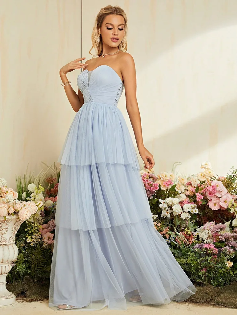 Leely Light Blue Strapless Sequin & Tulle Tiered Prom Dress - 1