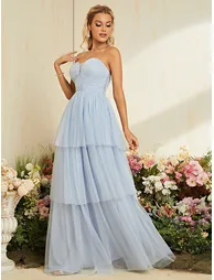 Leely Light Blue Strapless Sequin & Tulle Tiered Prom Dress - 1