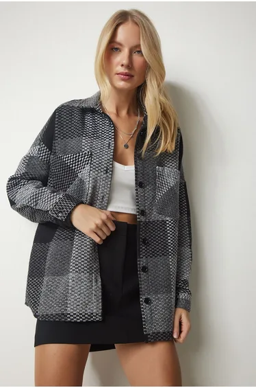Women's Gray Black Patterned Oversized Stamp Lumberjack Shirt