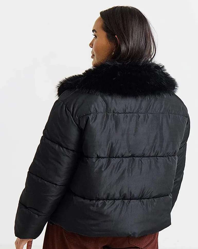 Faux Fur Collar Short Padded Coat - 3