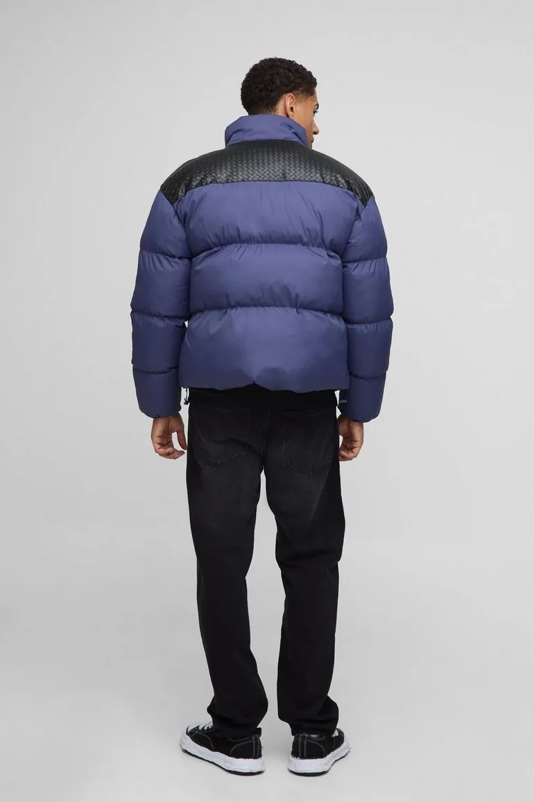 Regular Fit PU Yoke Nylon Panel Puffer Jacket - navy - 1