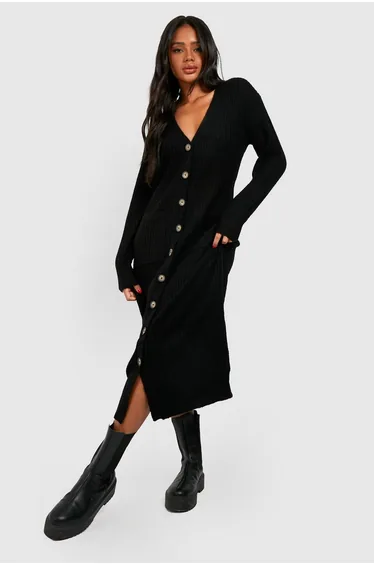 Soft Knit Button Through Midi Knitted Dress - black