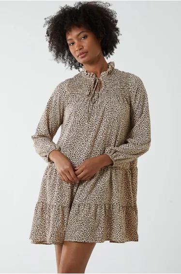 Shirred Cheetah Smock Dress