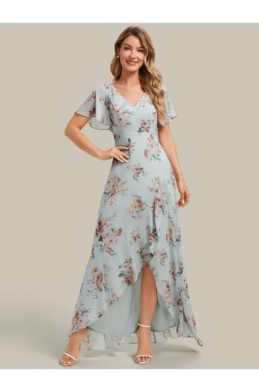 High Low Chiffon Ruffle Sleeve Bridesmaid Dress