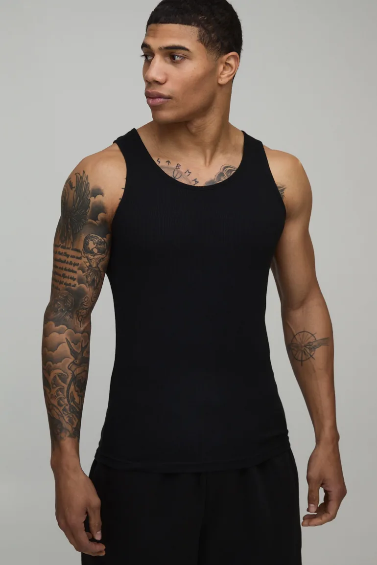 Basic Muscle Fit Ribbed Vest - black