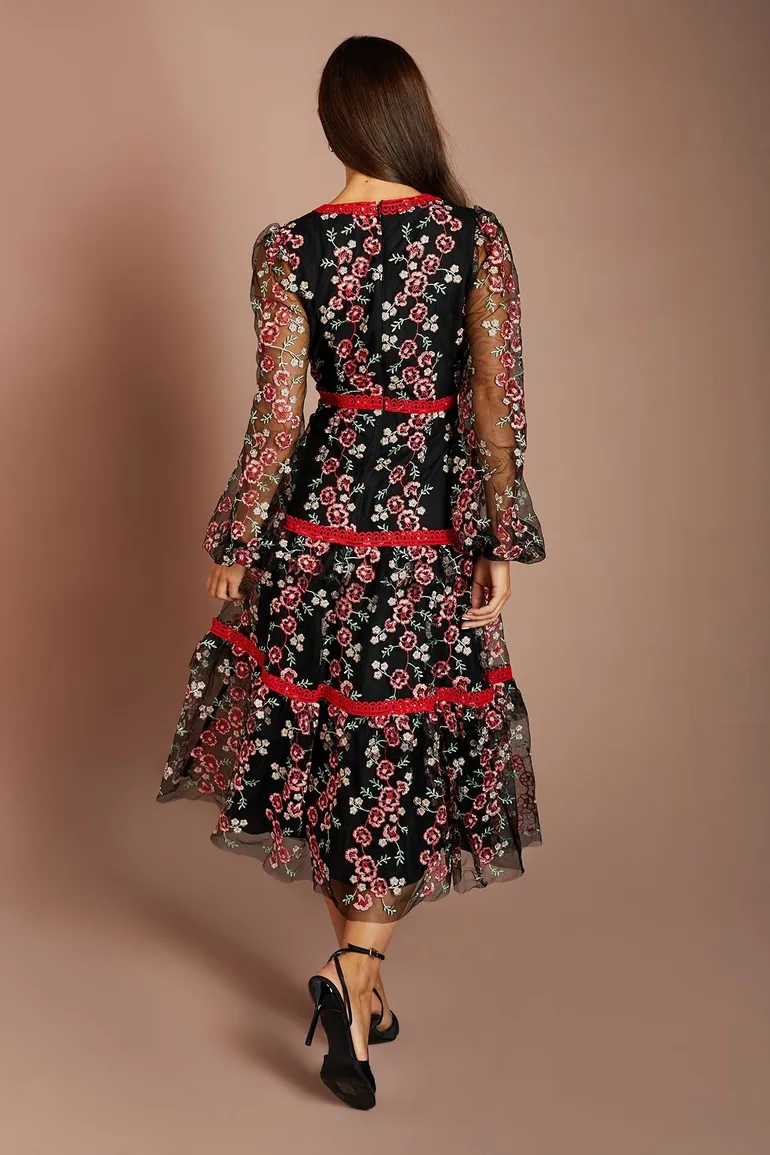 Embroidered Mesh Long Sleeve V Neck Midi Dress - 2