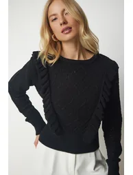Women's Black Openwork Ruffle Detailed Knitwear Sweater - 3