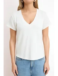 Ecru V-Neck Regular/Normal Fit Knitted T-Shirt - 2