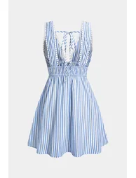 Stripe Print V-Neck Tie-Up Backless Sleeveless Mini Dress - 5