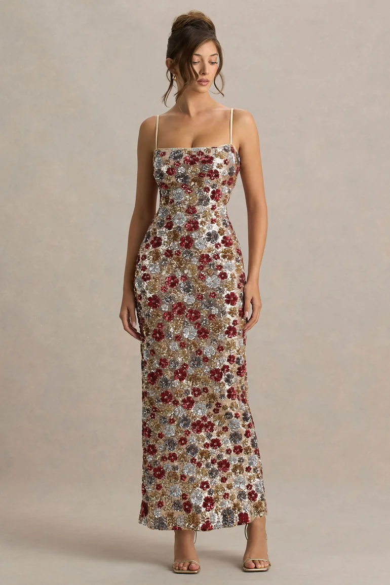 Vitora | Red Floral Sequin Square-Neck Maxi Dress - 3