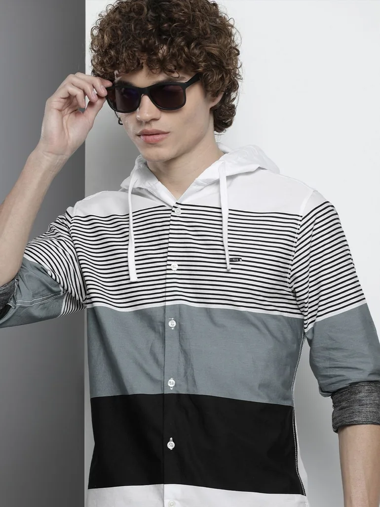 Men Hooded Color Block Shirt - 1