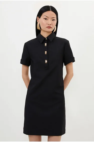Petite Techno Cotton Woven Short Dress With Gold Clasps